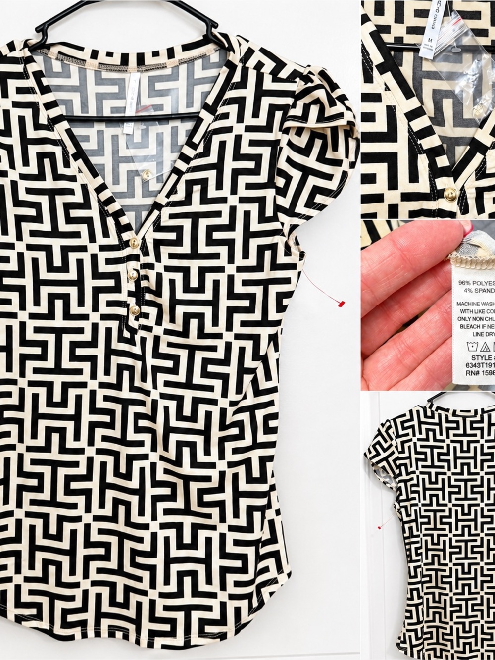 Black & Cream Geometric V-Neck Women's Top
